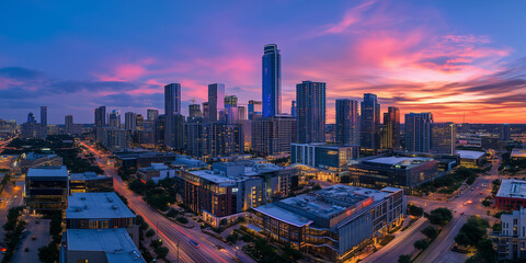 Modern City Skyline with CBD Office Buildings at Sunset, Drone View