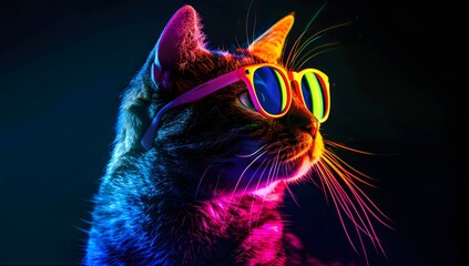 Stylish cat with neon sunglasses, vibrant colors, dark background. Cool and trendy pet portrait.