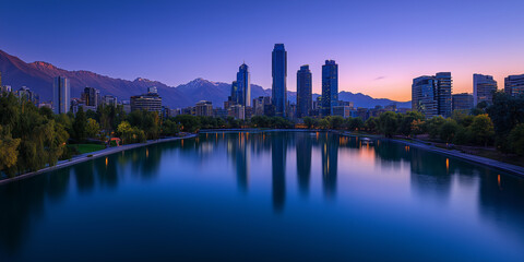 Obraz premium Modern City Skyline with CBD Office Buildings at Sunset, Drone View