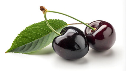 Two Black Cherries with Leaf Isolated on White Background