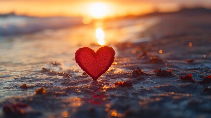 Fototapeta premium A heart-shaped object sits on wet sand as waves gently lap at it, illuminated by a warm sunset in the background.