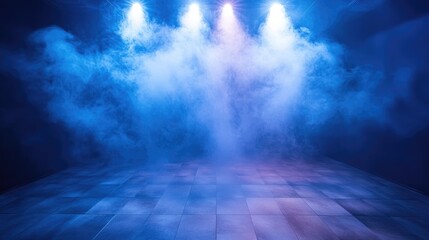 Dimly lit area with a tiled floor illuminated by vibrant blue lights, surrounded by ethereal swirling smoke creating a captivating atmospheric effect.