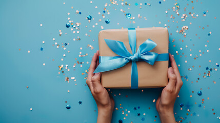 Unpacking Black Giftbox: First-person top view photo of hands unpacking a black gift box with a green satin ribbon bow on an isolated black background.