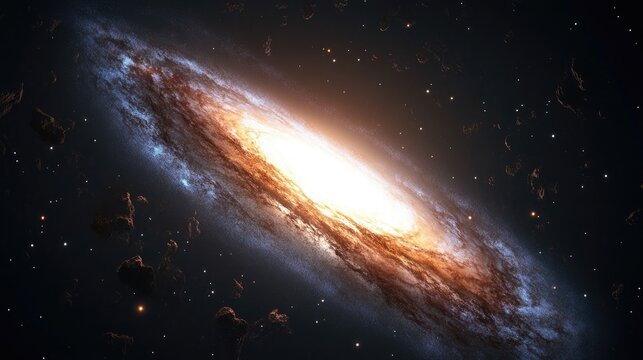 Vibrant spiral galaxy with luminous core and swirling arms illuminated by bright stars in the vast expanse of outer space.