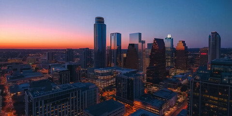Modern City Skyline with CBD Office Buildings at Sunset, Drone View