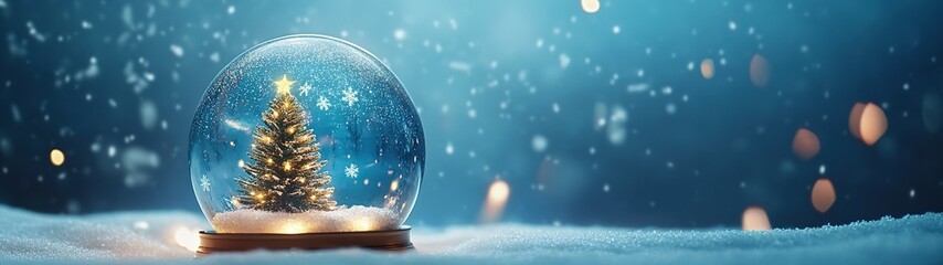 A snow globe with a Christmas tree inside, illuminated by warm lights against the blue background.