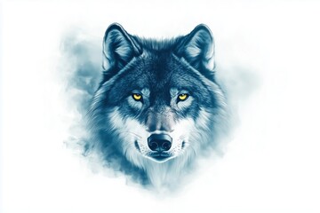 Obraz premium Vibrant wolf tattoo with gray-blue fur and intense yellow eyes