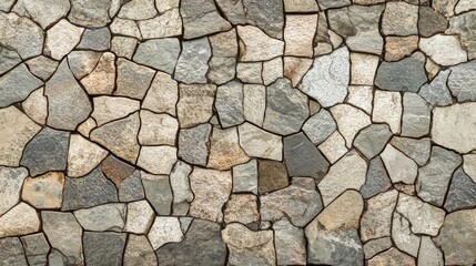 Fototapeta premium A textured wall of irregular stone pieces in shades of gray and beige, showcasing natural earthy tones.