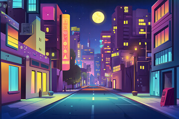 A vibrant night cityscape with colorful buildings and a full moon illuminating the street.