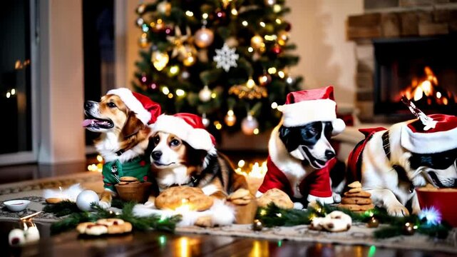 Three dogs wearing a Santa hat and sitting on a rug in front of a Christmas tree.