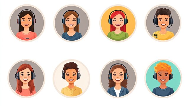 Eight diverse customer service agents wearing headsets.