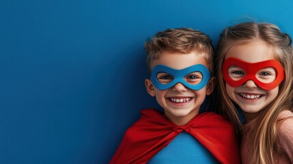 Happy children wearing superhero masks and capes, posing together joyfully against a vibrant blue background, embodying fun, friendship, and adventure in playtime.