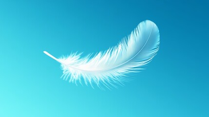 A single white feather floats gently against a vibrant blue sky.