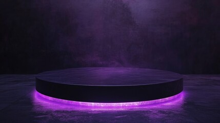 Black circular platform softly illuminated by neon purple light, set against a dark backdrop, creating a mysterious and ethereal atmosphere.