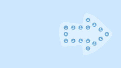 An arrow composed of blue user icons on a light blue background, symbolizing teamwork, collaboration, and a unified direction