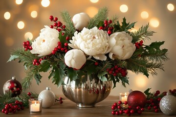 Festive Advent bouquet with white peonies and red berries