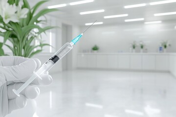 A doctorʼs gloved hand holding a syringe filled. Generative AI