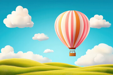 Obraz premium Joyful Travel. A colorful hot air balloon floats above rolling green hills under a bright blue sky with fluffy white clouds.