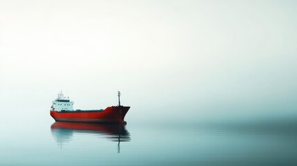 Naklejka premium Red cargo ship calmly floating on still water with a serene, foggy background creating an ethereal atmosphere and open space for text or captions.