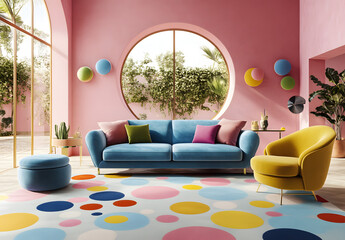 Modern colorful living room with vibrant decor
