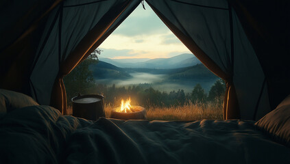 Fototapeta premium view from tent, camping fire, foggy landscape
