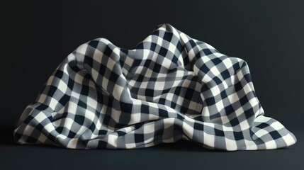 Textured checkered fabric draped in gentle folds, showcasing a contrasted pattern of navy blue and white squares against a dark background, emphasizing its tactile quality.