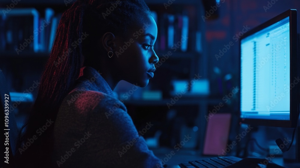 Poster a woman is sitting in front of a computer monitor, looking at the screen
