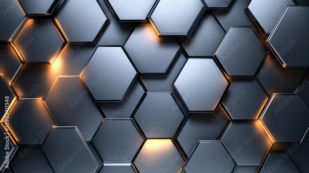 Poster a modern abstract background featuring metallic hexagonal shapes with soft glowing accents, creating