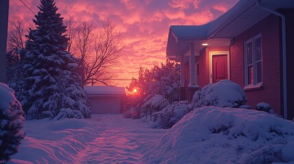A snowy suburban home with a bright pink sunset in the background. The home has a red door and a porch light. The trees and bushes are covered in snow.