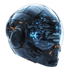 Fototapeta premium Futuristic black technology helmet with transparent visor and glowing interface elements isolated on transparent background cutout png