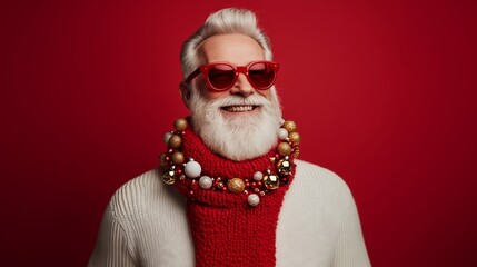 Stylish senior man wearing red sunglasses and christmas ornaments smiling on red background