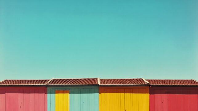 Colorful beach huts arranged horizontally beneath a bright blue sky in a charming retro-style photograph capturing coastal vibrancy.