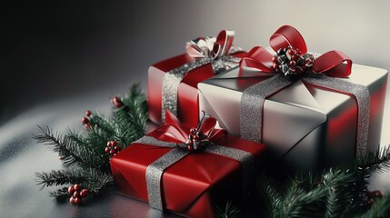 Christmas gift boxes in red and silver with natural accents