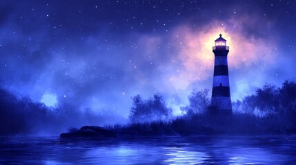 A solitary lighthouse stands tall against a backdrop of a starry night sky, illuminating the fog-covered water with its beacon.