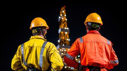 Fototapeta premium Workers in safety gear observe a drilling rig at night, showcasing industrial operations and teamwork in the energy sector.