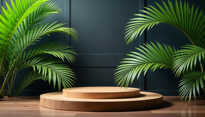 Fototapeta premium A wooden podium with green background , adorned palm leaves. The podium for product display