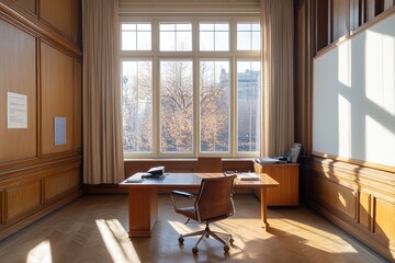 Obraz premium Brightly lit office space with large windows showcasing a serene outdoor view during the day