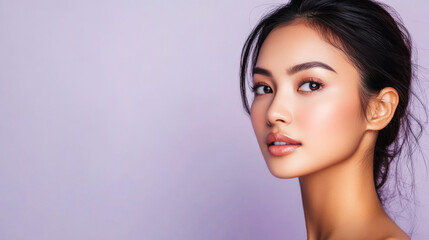 Naklejka premium A beautiful young woman poses against a soft pastel background, showcasing elegant makeup and a confident expression, capturing timeless beauty