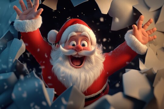 3D Santa breaking dynamically through a paper wall