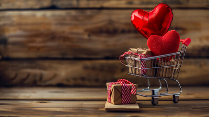 Food Basket and Gift Box: A basket of food, a gift box, and a heart-shaped balloon, representing winter holiday sales, Valentine's Day, and online shopping.