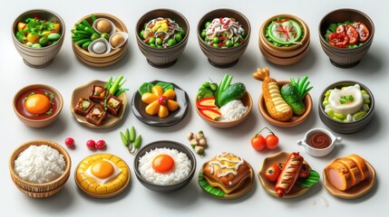 Miniature Asian food dishes and ingredients arranged on white background.