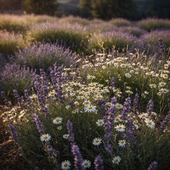 Obraz premium A blooming meadow filled with lavender and daisies.