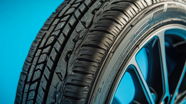 Detailed close-up of a car tire showcasing tread patterns and rubber texture against a blue background