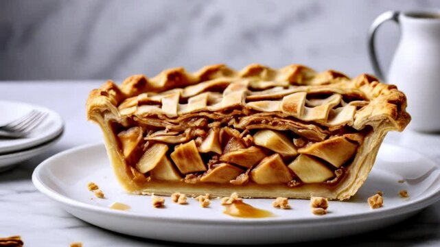 Apple pie on a white plate over a marble table