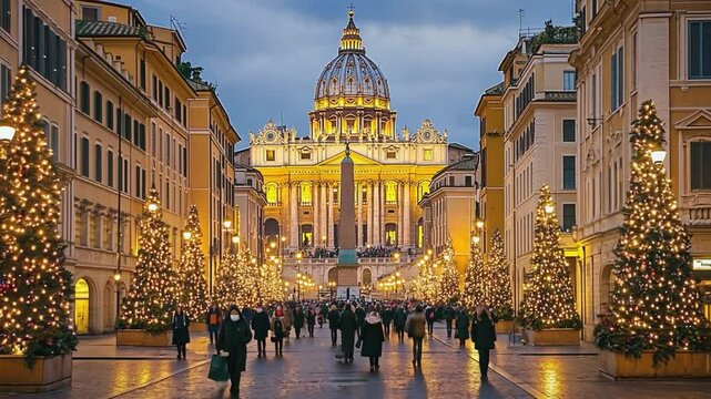 Tourists walking via della conciliazione towards saint peter's basilica at christmas