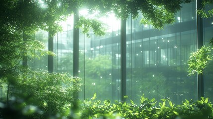 Fototapeta premium A view of a modern building through lush green foliage, with sunbeams shining through the leaves and onto the glass facade.