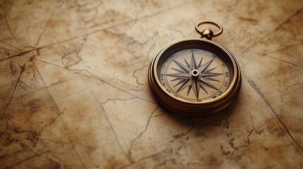 A vintage compass lies on a weathered map, symbolizing exploration and direction.