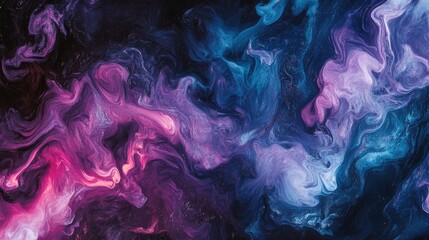 Fototapeta premium A vibrant mix of purples, blues, and pinks flowing like smoke on a dark background, creating a dynamic abstract pattern.