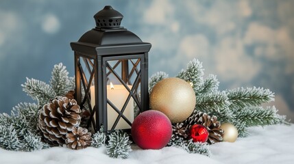 Black lantern with golden baubles and red berries in the snow