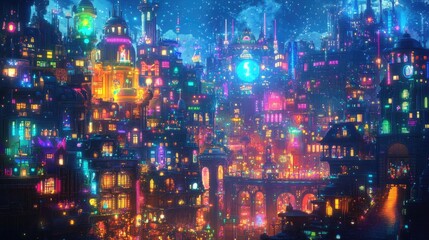 Fototapeta premium A vibrant pixelated metropolis full of cute robots, magical creatures, and neon-lit structures, brimming with life and color.